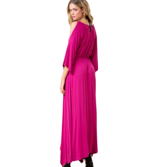 Pink Magenta Maxi Dress V Neck Wrap Cold Shoulder - Picture 2 of 2